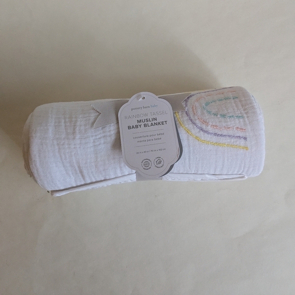 Pottery Barn Kids Rainbow Tassel Muslin Baby Blanket NWT - Picture 6 of 15